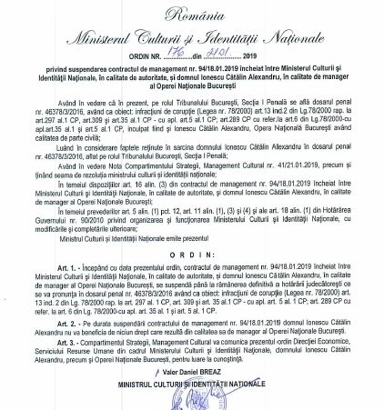 Ministerul Culturii a suspendat contractul de manager la Opera Română a lui Cătălin Ionescu Arbore la 5 minute de la semnare