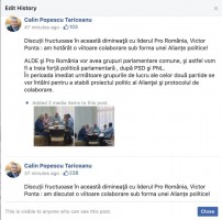 Călin Popescu Tăriceanu a scirs că ALDE va forma o alianţă cu Pro România. Apoi a scris că sunt doar discuţii