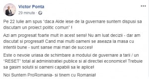 Victor Ponta a spus pe facebook că va face alianta cu ALDE doar daca acestia vor iesi de la guvernare