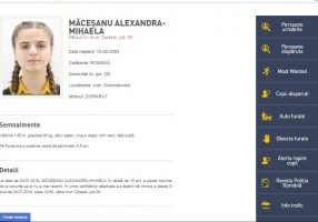 Pe site-ul politiei romane, Alexandra Măceşanu apare la rubrica copii dispăruţi