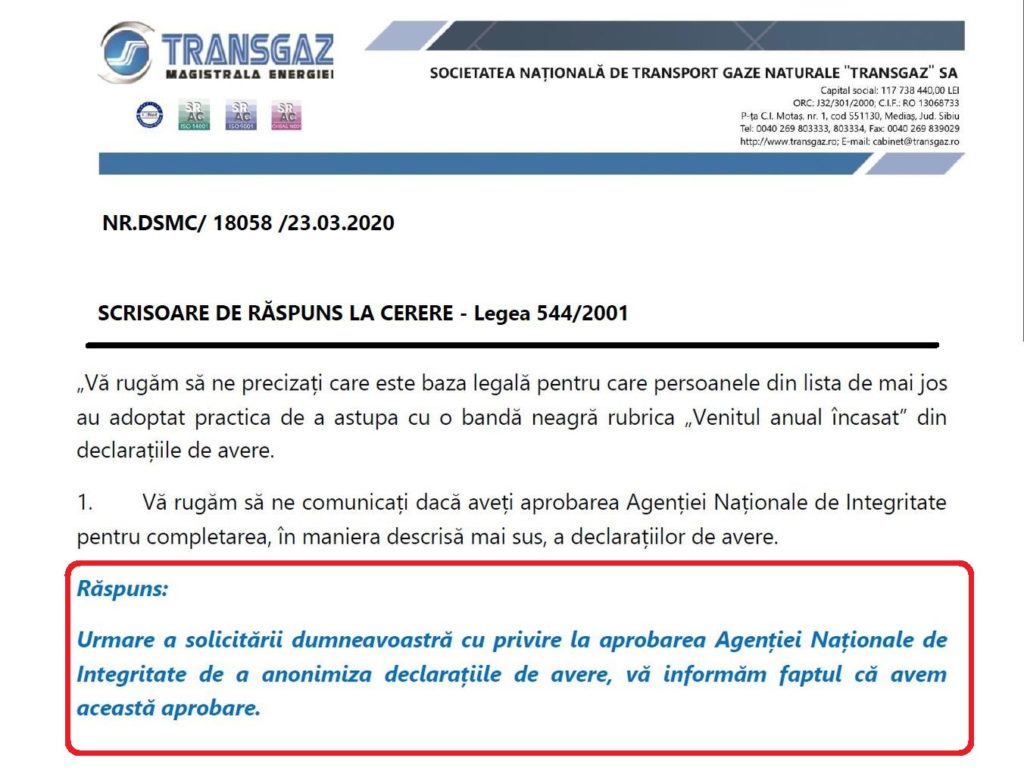 Transgaz, Agenția Națională de Integritate